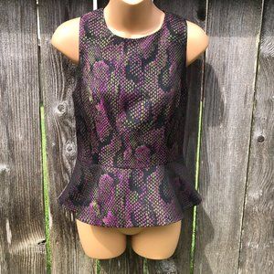 Jay Godfrey Sleeveless Peplum Top Snakeskin Purple Olive Black Zip Back Size 4